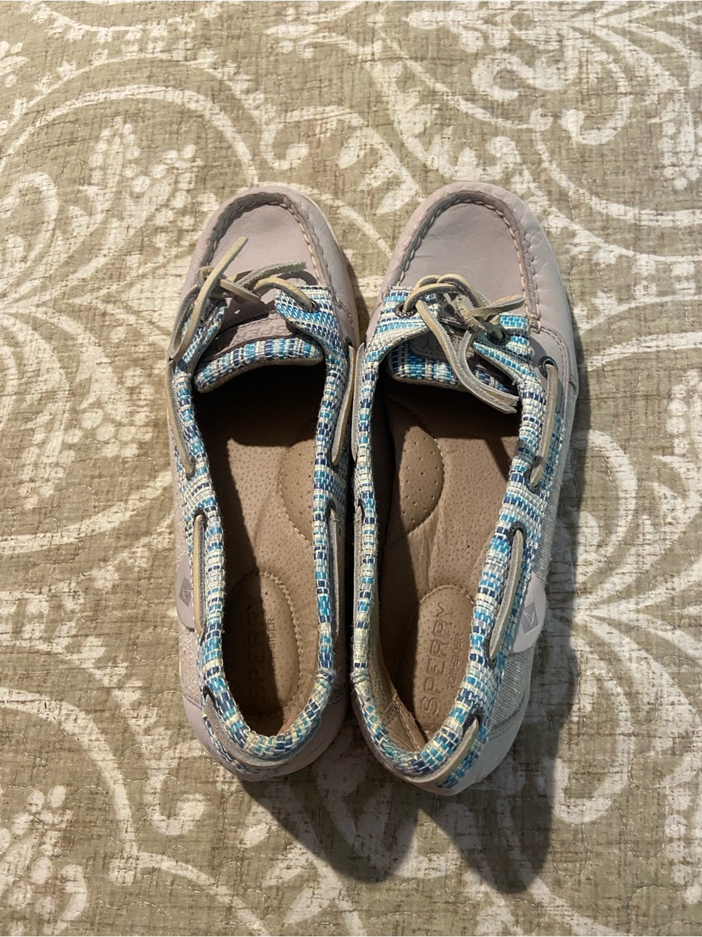 Sperry Women's Light Beige Boat Shoes with Blue Patterned Trim